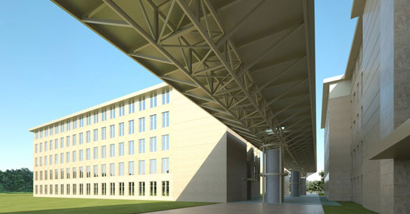 A two-story canopy runs parallel to the Agriculture and Life Sciences building, creating shade as well as representing the building's green features.